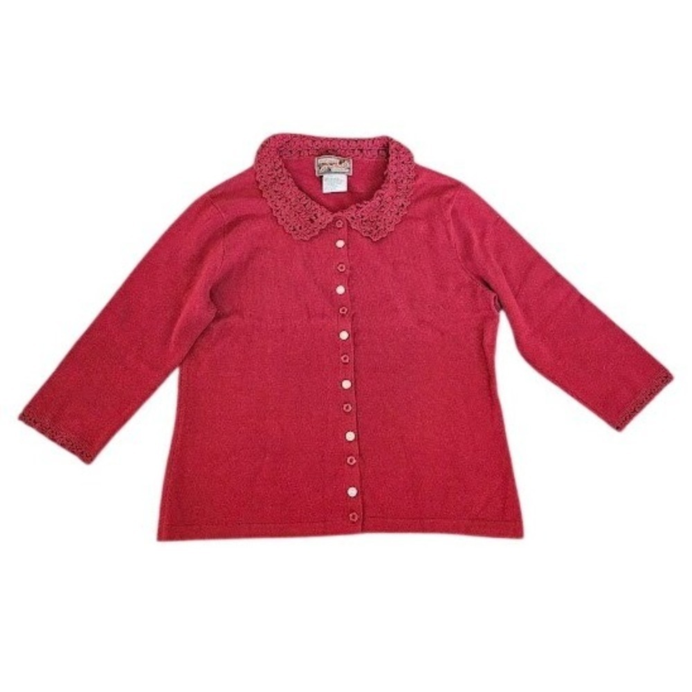 April Cornell Vintage Cardigan Women Small Red Crochet Lace Collar Cottagecore